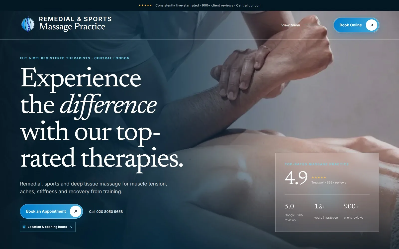 Completed Massage Practice homepage at desktop size
