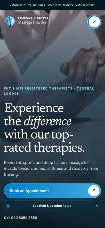 Completed Massage Practice homepage at mobile size